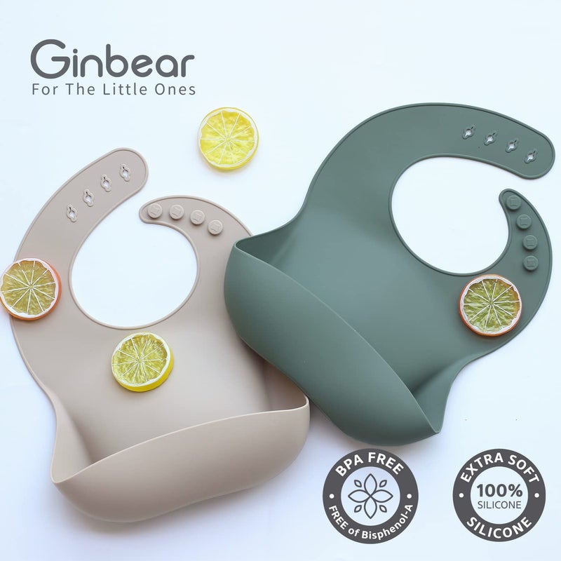 Ginbear Silicone Bibs for Babies, Waterproof Adjustable Silicon Rubber Baby Feeding Bibs with Food Catcher Pocket for Toddlers 6 Months+ (Dark Sage/Almond) - Image 2